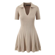 Fashionable waist cinched V-neck short sleeved knitted jumpsuit short skirt
