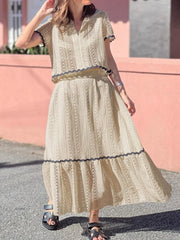 Contrast Trim Openwork Short Sleeve Top and Skirt Set