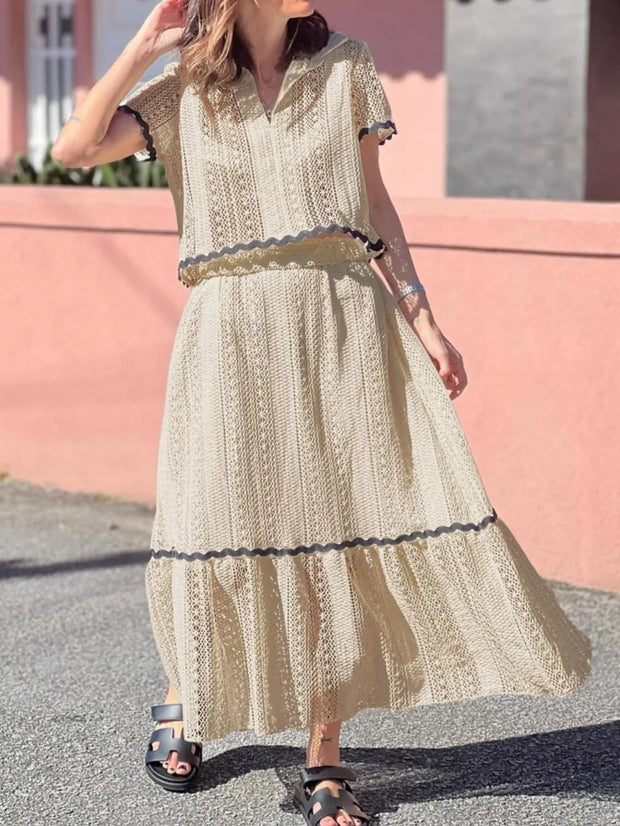 Contrast Trim Openwork Short Sleeve Top and Skirt Set
