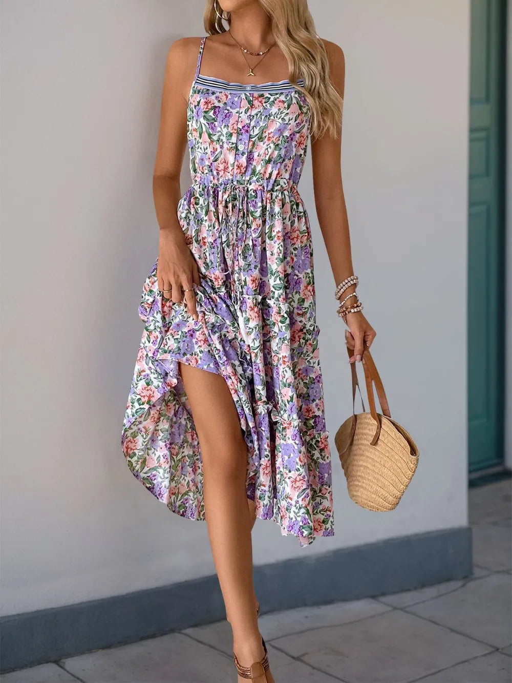 Decor Button Printed Sleeveless Tiered Midi Dress