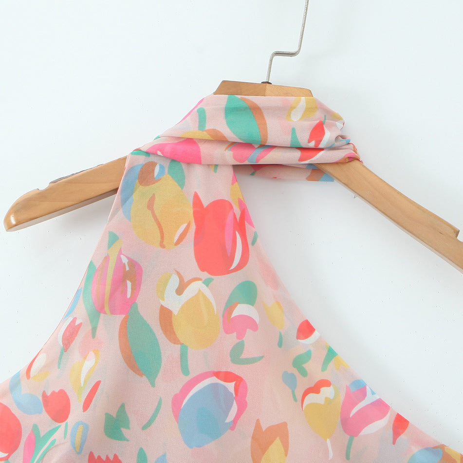 Asymmetric printed diagonal shoulder jumpsuit short skirt