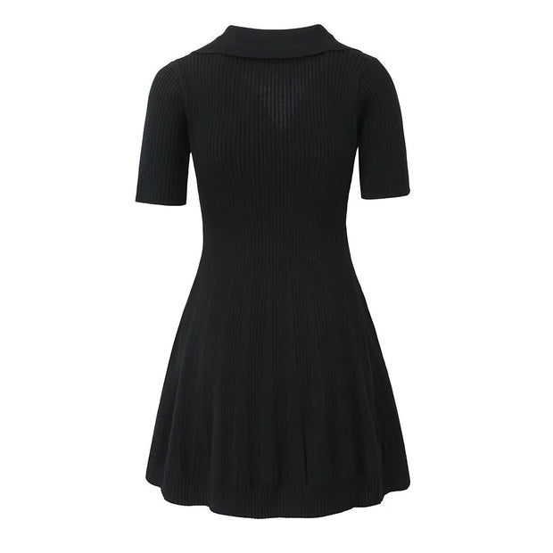 Fashionable waist cinched V-neck short sleeved knitted jumpsuit short skirt