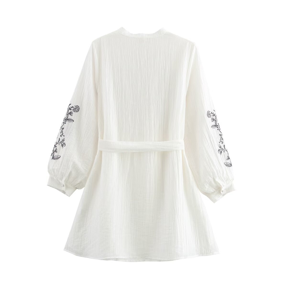 Loose long sleeved V-neck waistband embroidered chiffon dress for women