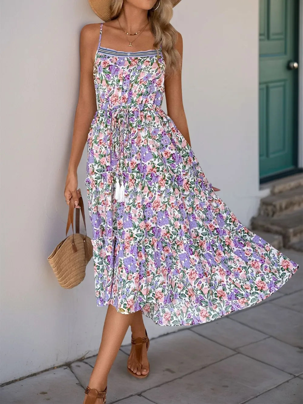 Decor Button Printed Sleeveless Tiered Midi Dress