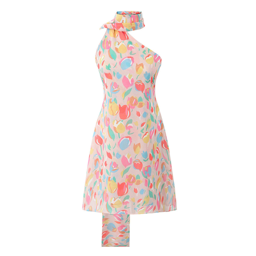 Asymmetric printed diagonal shoulder jumpsuit short skirt