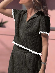 Contrast Trim Openwork Short Sleeve Top and Skirt Set