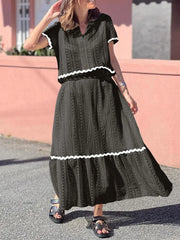 Contrast Trim Openwork Short Sleeve Top and Skirt Set