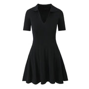 Fashionable waist cinched V-neck short sleeved knitted jumpsuit short skirt
