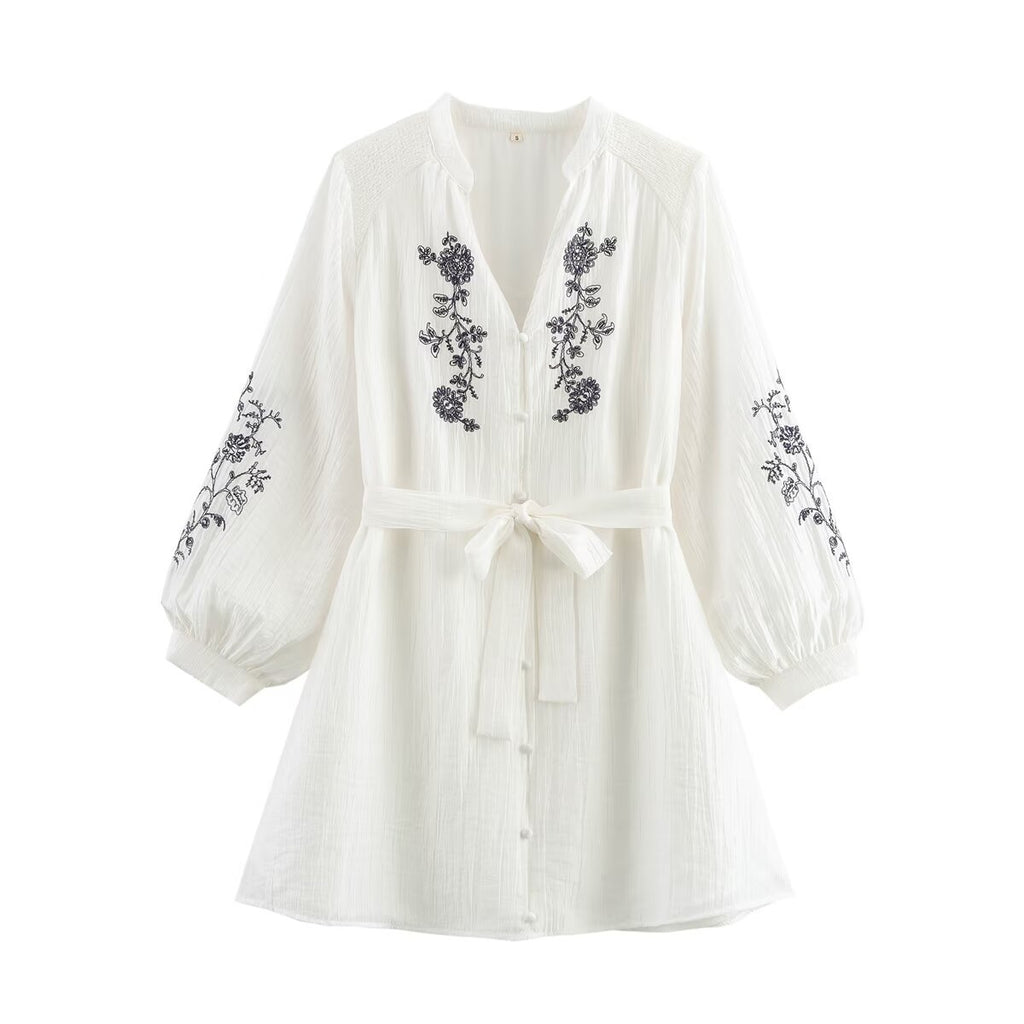 Loose long sleeved V-neck waistband embroidered chiffon dress for women