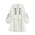Loose long sleeved V-neck waistband embroidered chiffon dress for women