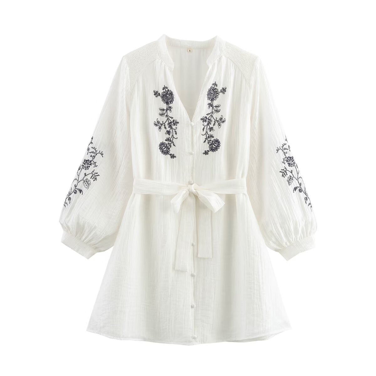 Loose long sleeved V-neck waistband embroidered chiffon dress for women
