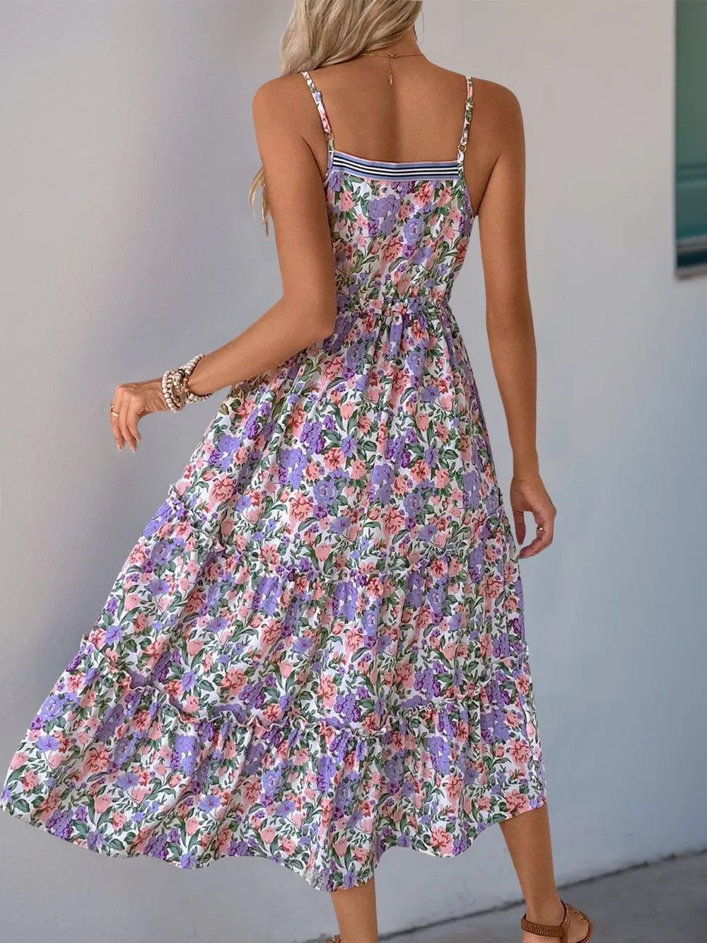 Decor Button Printed Sleeveless Tiered Midi Dress