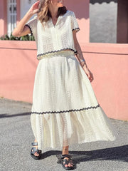 Contrast Trim Openwork Short Sleeve Top and Skirt Set