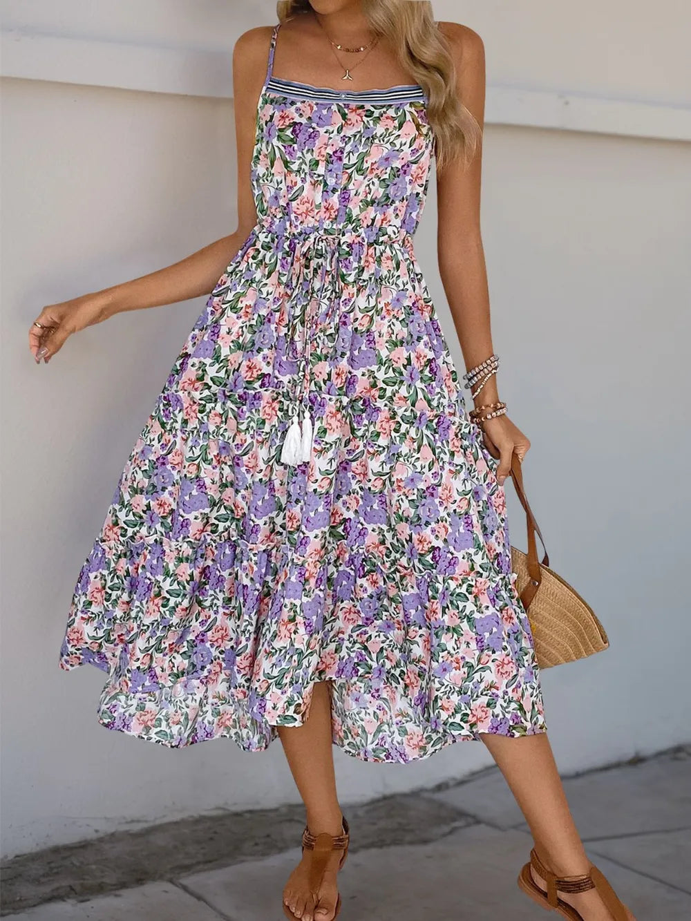 Decor Button Printed Sleeveless Tiered Midi Dress