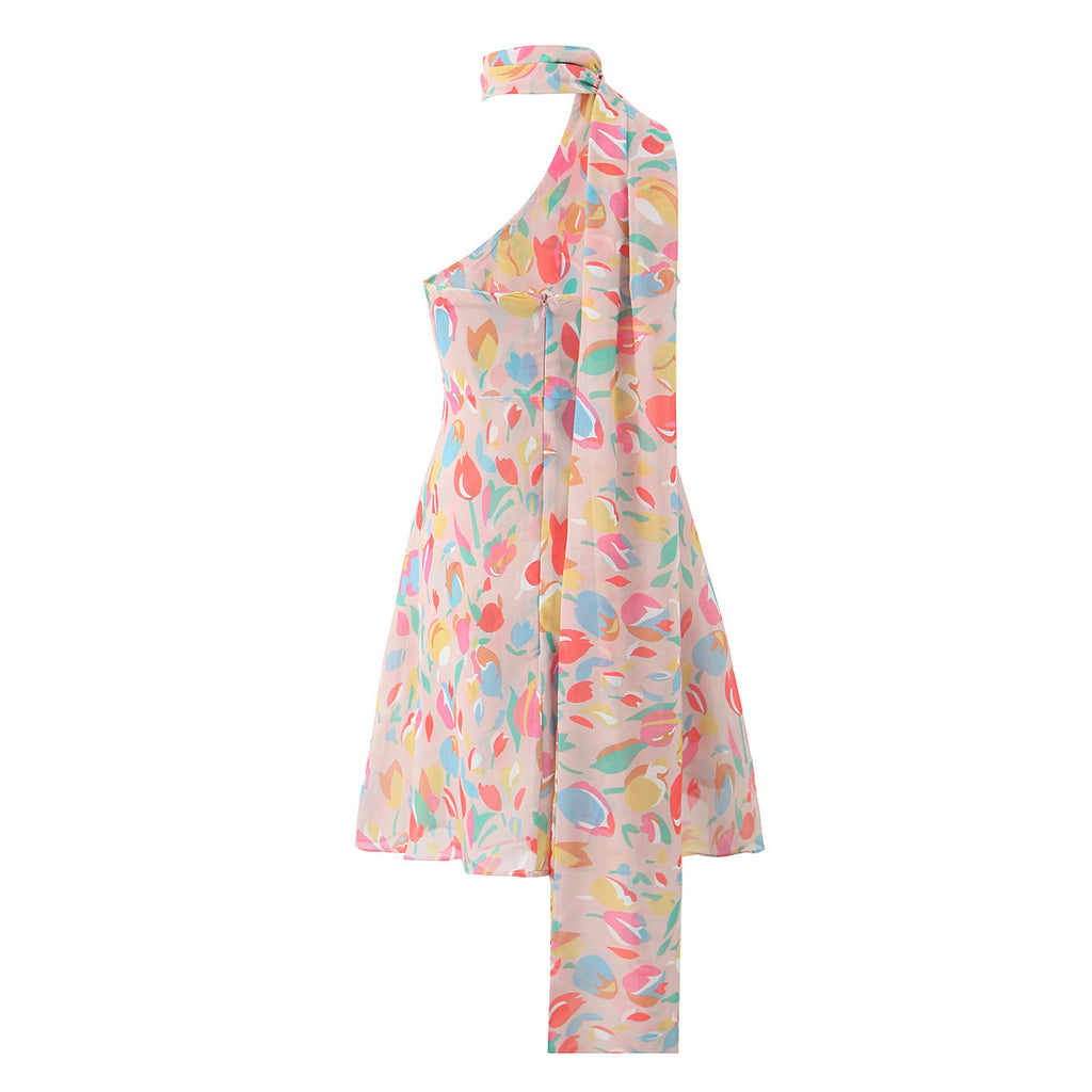 Asymmetric printed diagonal shoulder jumpsuit short skirt