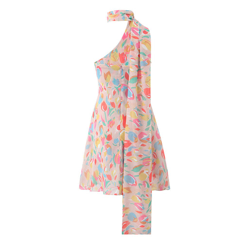 Asymmetric printed diagonal shoulder jumpsuit short skirt