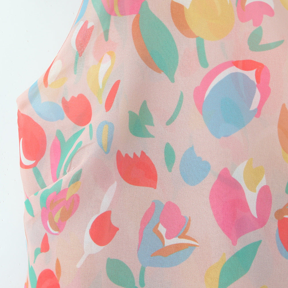 Asymmetric printed diagonal shoulder jumpsuit short skirt