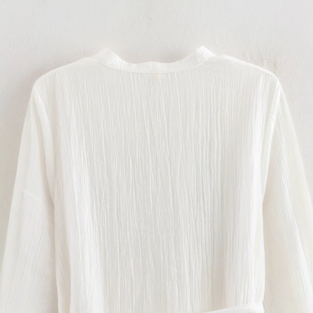 Loose long sleeved V-neck waistband embroidered chiffon dress for women