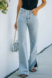 Washed split waist denim pants with a mid rise temperament casual pants