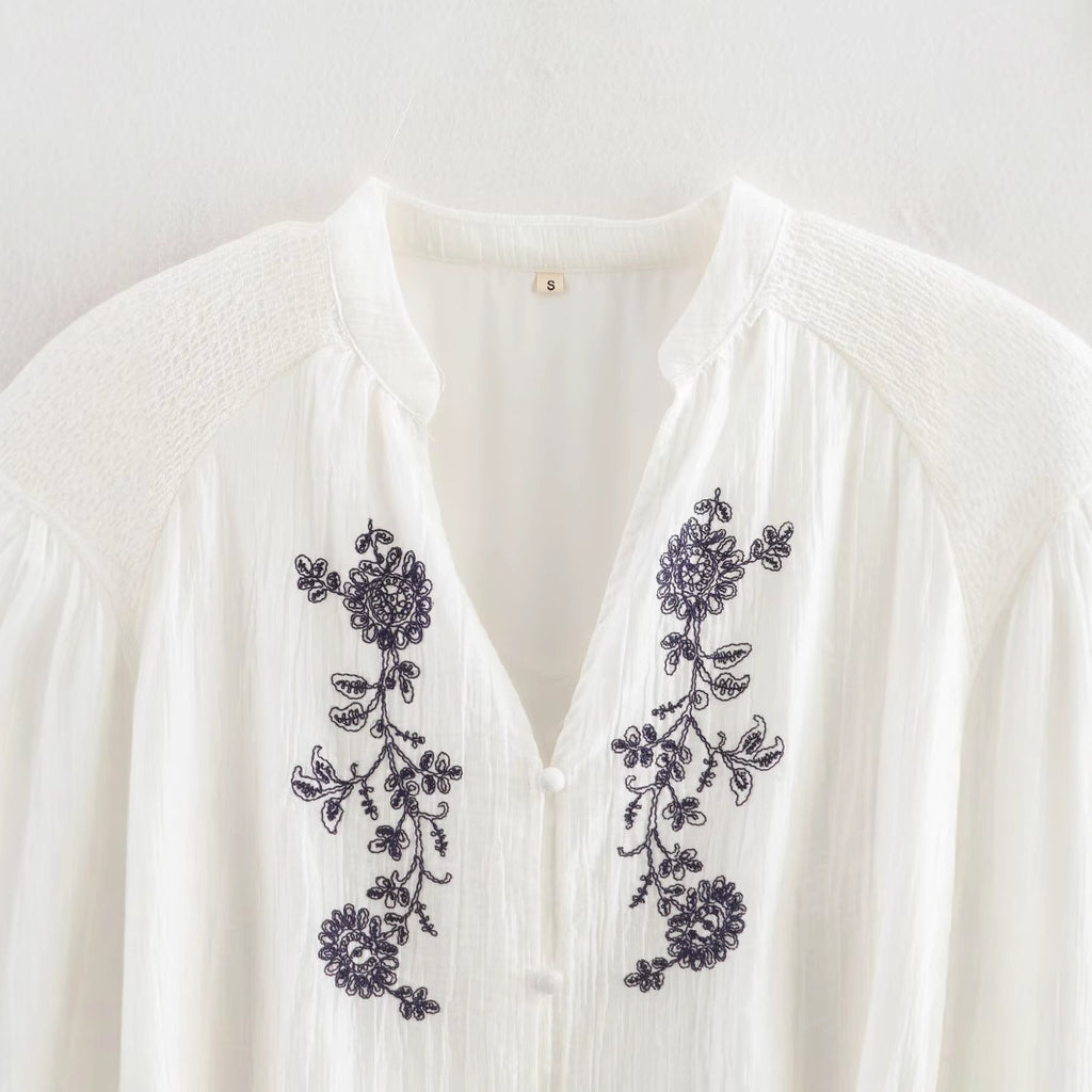 Loose long sleeved V-neck waistband embroidered chiffon dress for women