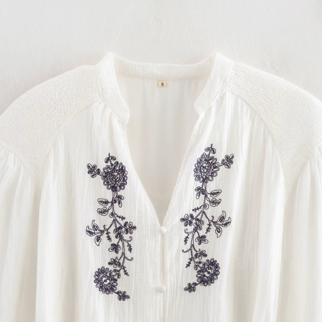 Loose long sleeved V-neck waistband embroidered chiffon dress for women