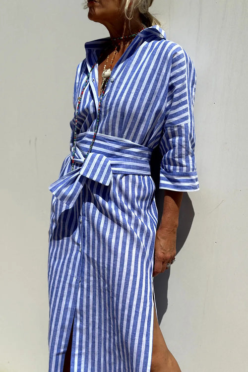 Autumn five quarter sleeve striped two side slit shirt dress for women